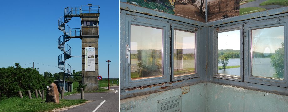 Urlaubsregion Höhbeck Elbe - Titelbild: linkes Bild: Grenzturm der ehemaligen DDR auf dem Deich am Fähranleger Lenzen, umgebaut zum Aussichtsturm. An der Seite führt eine Stahl- Wendeltreppe hinauf auf's Dach. rechtes Bild: Innenraum des Turmes, durch die Fenster sieht man die Elbe.