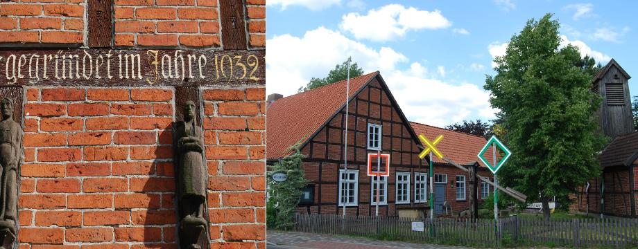Urlaubsregion Höhbeck Elbe - Titelbild: Heimatmuseum Vietze. Auf dem zweiten Bild: Zwei der insgesammt sechs geschnitzten Holzfiguren, die an der Fasade des Museums hängen.